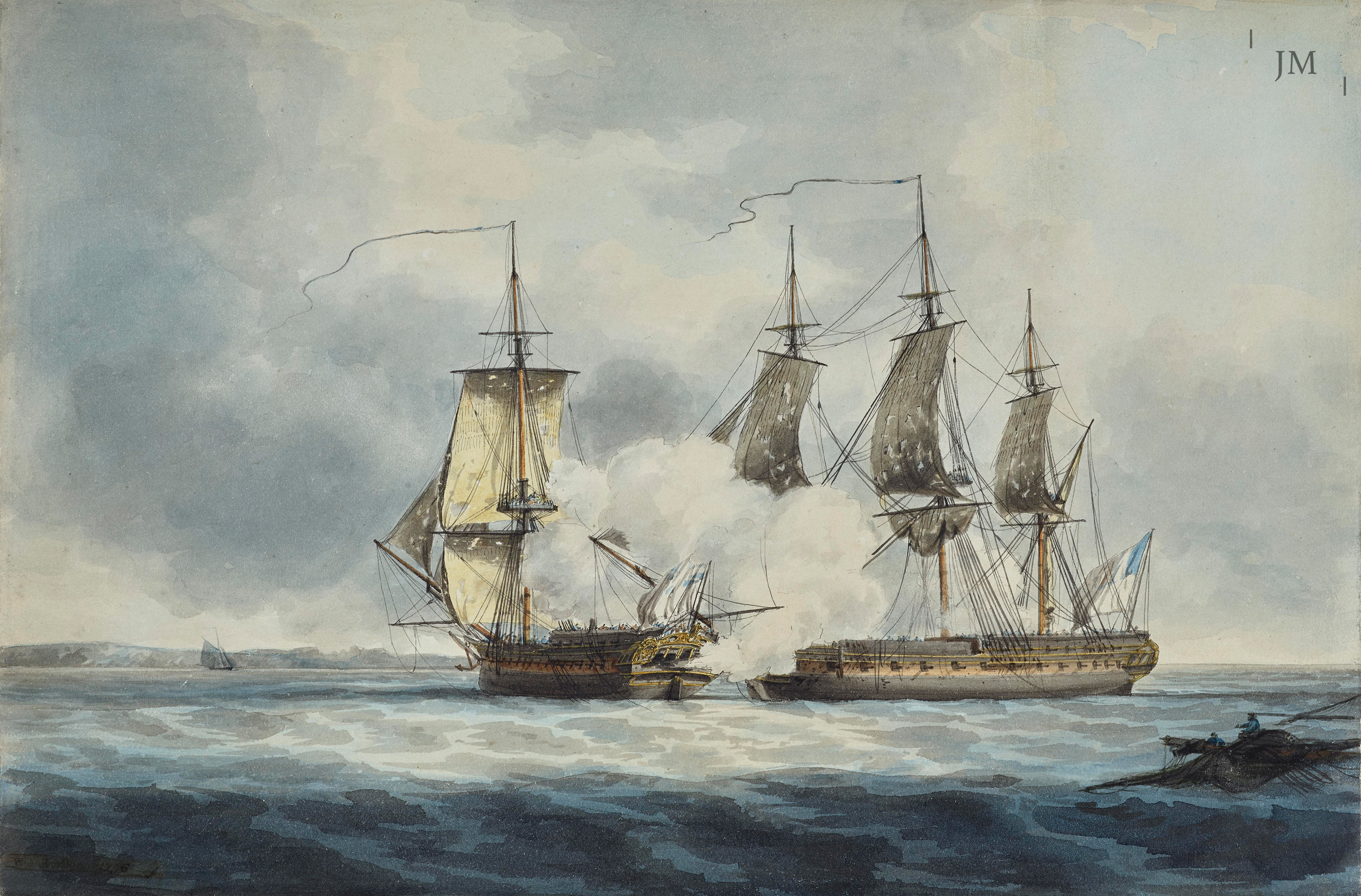 The first frigate action of the wars with Revolutionary France: HMS Nymphe engaging the French Cleopatre off Start Point, Devon, on 18th June 1793